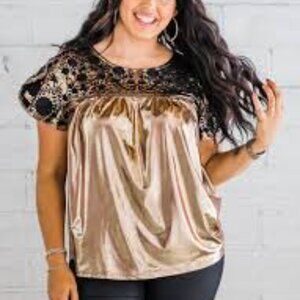 Layerz Embroidered Metallic Tunic Top Festive Stunning Gold/Black Size Small